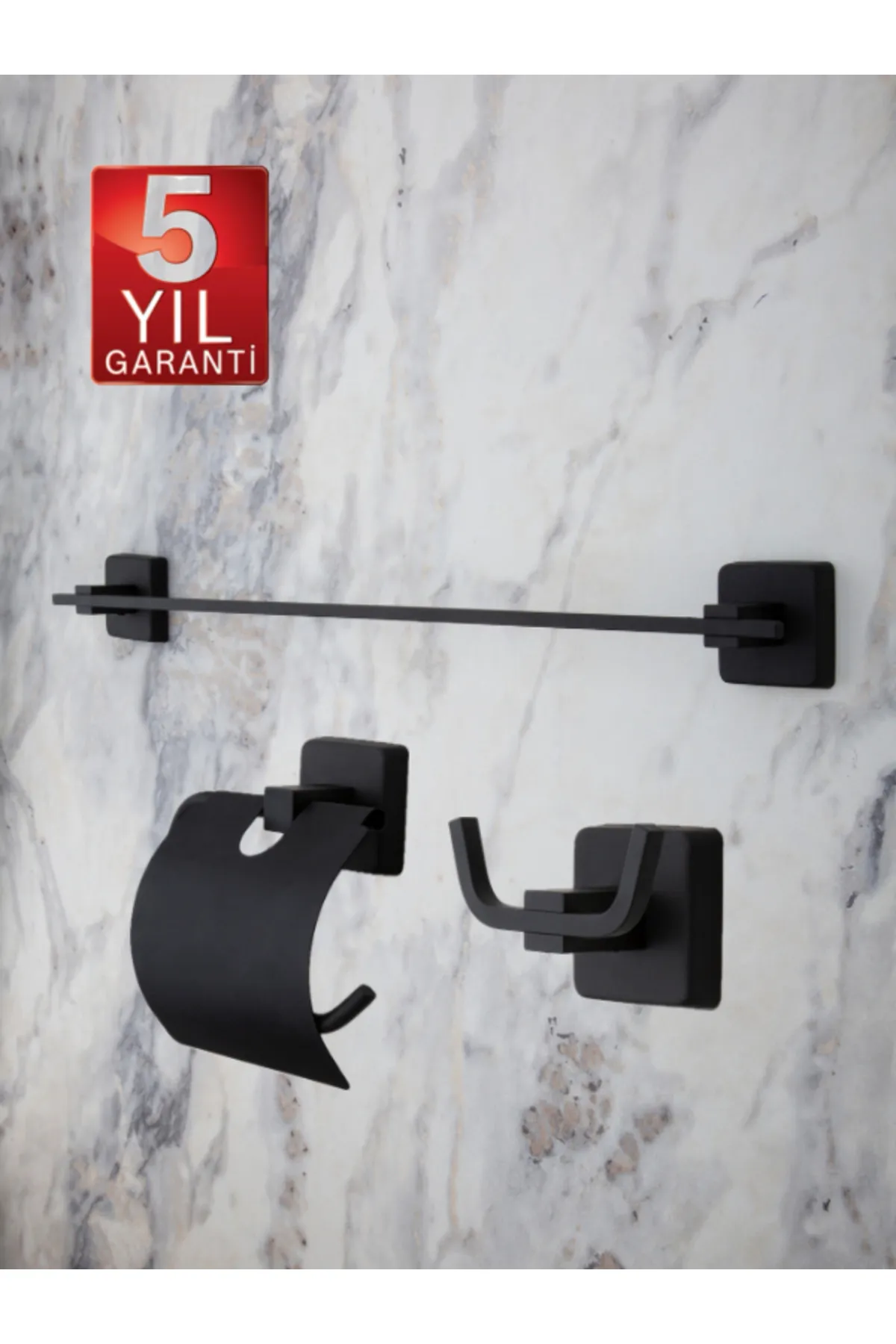 Siyah Paslanmaz Uzun Havluluk / Geniş Kapaklı Tuvalet Kağıtlığı / Banyo Askılığı -Pirinç 3lü Set
