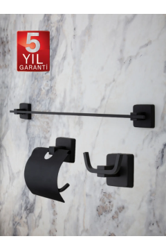 Siyah Paslanmaz Uzun Havluluk / Geniş Kapaklı Tuvalet Kağıtlığı / Banyo Askılığı -Pirinç 3lü Set