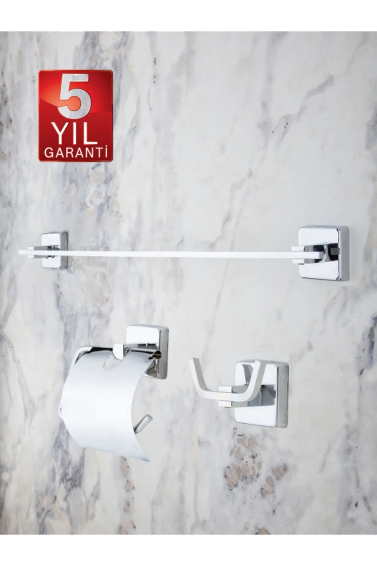 Krom Paslanmaz Uzun Havluluk / Geniş Kapaklı Tuvalet Kağıtlığı / Banyo Askılığı -Pirinç 3lü Set