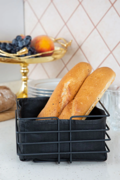 Kare Ekmeklik Ekmek Sepeti Çok Amaçlı Lüx Siyah Paslanmaz Sepet Siyah Kumaş