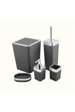 Banyo Seti Gri 5'li Takım Lüx Çöp Kovası Sabunluk Diş Fırçalık WC Fırça