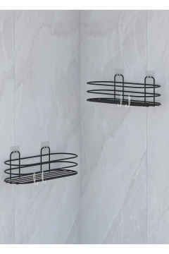 Yapışkanlı Banyo Düzenleyici Oval 2 Adet Banyo Rafı Şampuanlık Sabunluk Mat Siyah Duş Askısı Rafı