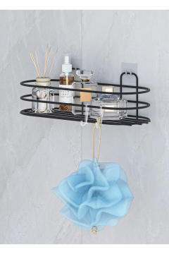 Yapışkanlı Banyo Düzenleyici Oval 2 Adet Banyo Rafı Şampuanlık Sabunluk Mat Siyah Duş Askısı Rafı